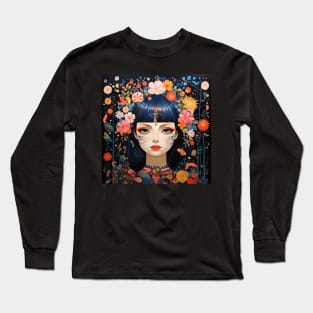 Surrealistic Folk Art Dark Floral Motif Young Fairy Maiden Girl Long Sleeve T-Shirt